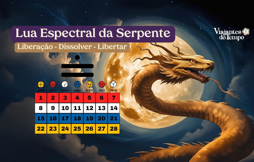 Ilustração da Lua Espectral da Serpente com, com as palavras-chave Liberação, Dissolver, Libertar e imagem de uma serpente dourada sob a lua cheia. Sincronário das 13 Luas.