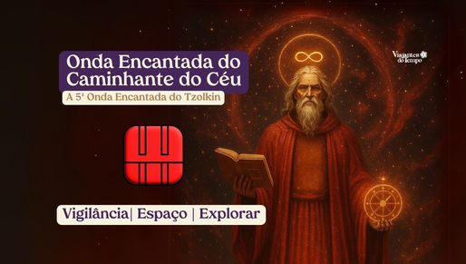 Imagem da Onda Encantada do Caminhante do Céu – a 5ª onda do Tzolkin. Representa o selo vermelho do Caminhante do Céu com palavras-chave: Vigilância, Espaço e Explorar. Um mestre sábio com símbolo do infinito e mandala luminosa transmite sabedoria e expansão da consciência. Arte do site Viajantes do Tempo.