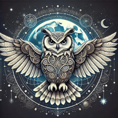 Ilustração simbólica de uma coruja mística com mandala cósmica e o planeta Terra ao fundo, representando a 4ª Lua do Anel Solar – Lua Autoexistente da Coruja. Ícone de sabedoria ancestral, visão no escuro e definição da forma a partir do útero da alma. Conectada ao Sincronário das 13 Luas, Lei do Tempo e à energia do autoconhecimento guiado pelo instinto e clareza interior.