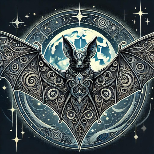 Ilustração simbólica do Morcego com asas abertas diante de um mandala cósmico, representando a 1ª Lua do Anel Solar – Lua Magnética do Morcego. Imagem associada ao propósito da introspecção, renascimento e intuição profunda, conectada à energia do Espelho Branco e à Lei do Tempo. Representação mística do voo no invisível e da morte das ilusões para o renascer em verdade.