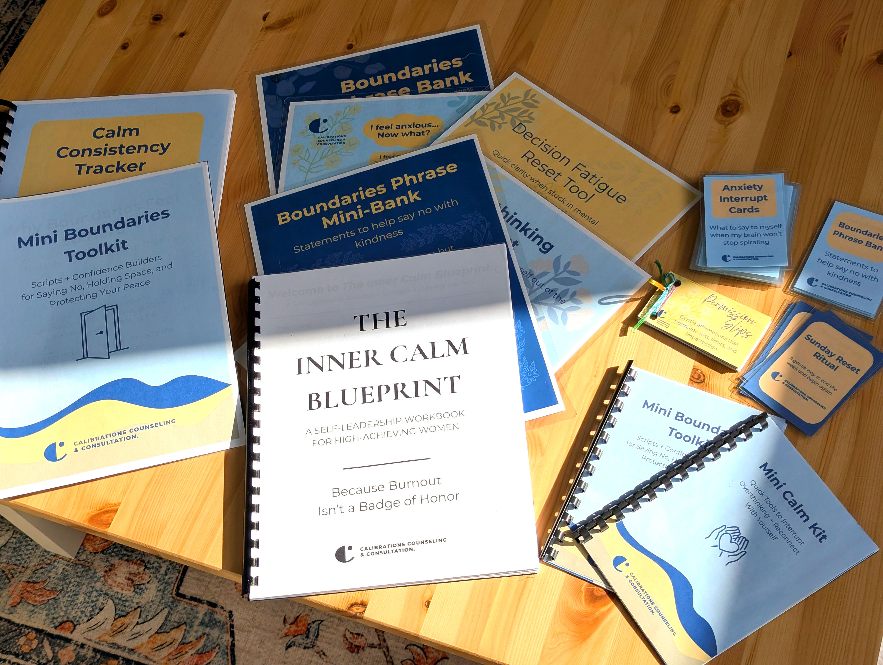 Inner Calm Blueprint toolkit spread including additional anxiety coping resources