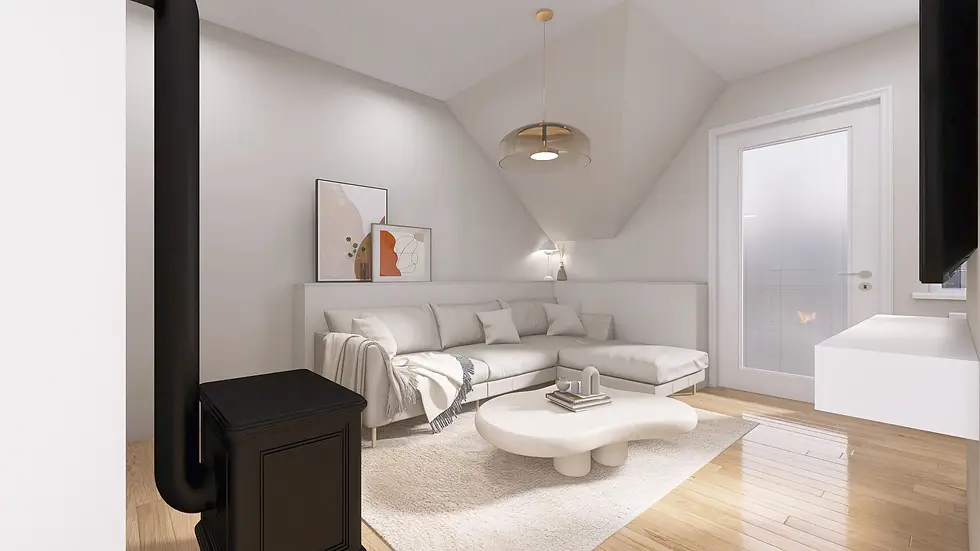 Wohnzimmer mit Kamin und weißer Eck-Couch