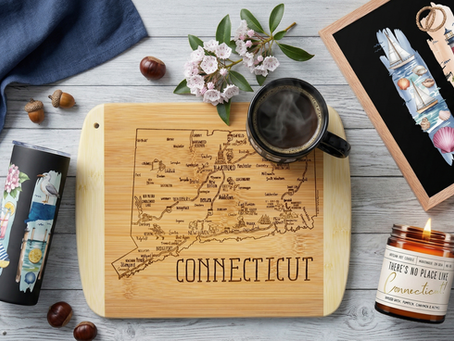 Connecticut shoreline and coastal-themed mug, tumbler, and wall art collection for New England lovers and state pride gift seekers