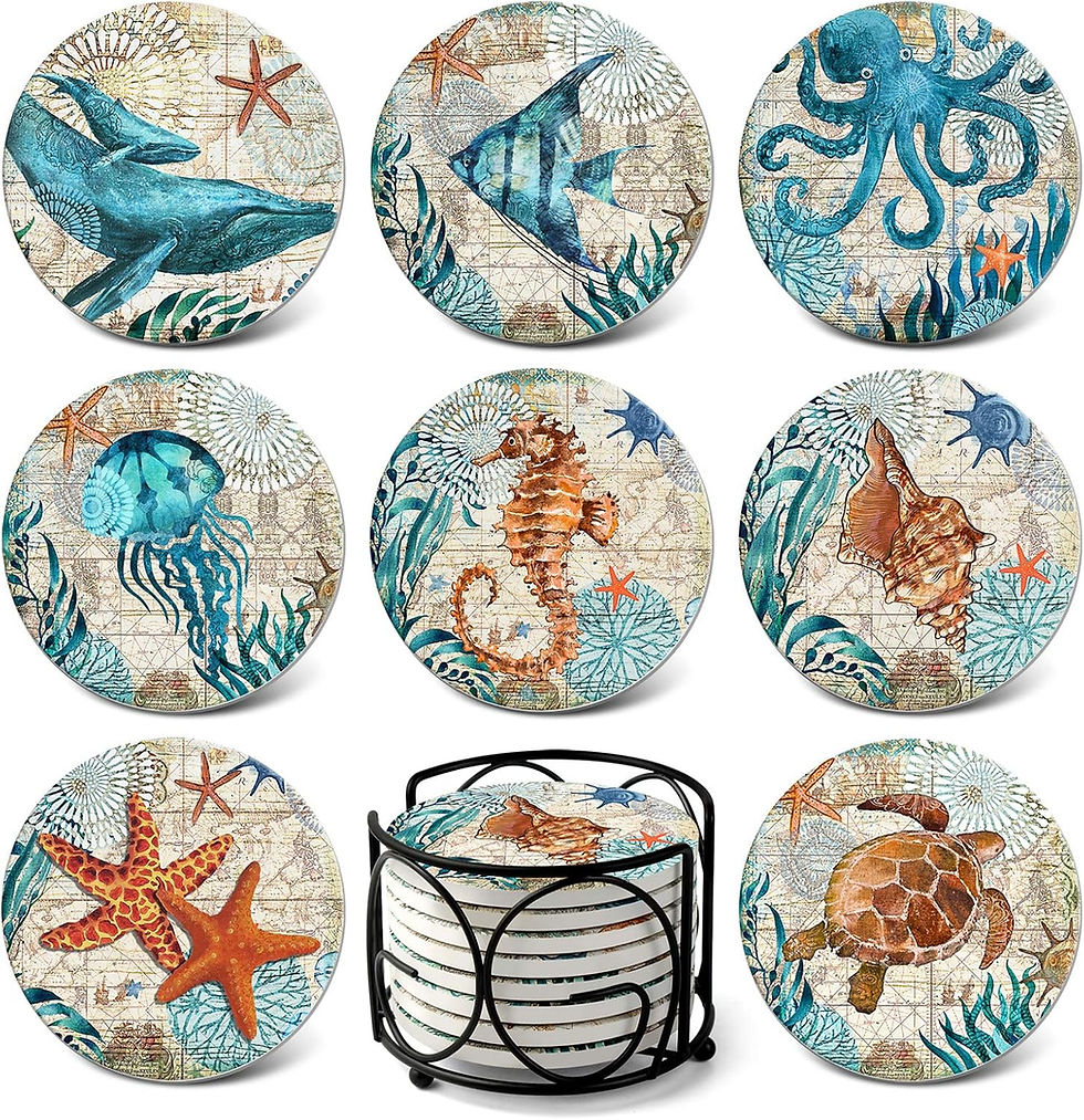 Teivio Absorbing Stone Sea Ocean Life Coasters for Drinks, Cork Base with Holder, Set of 8