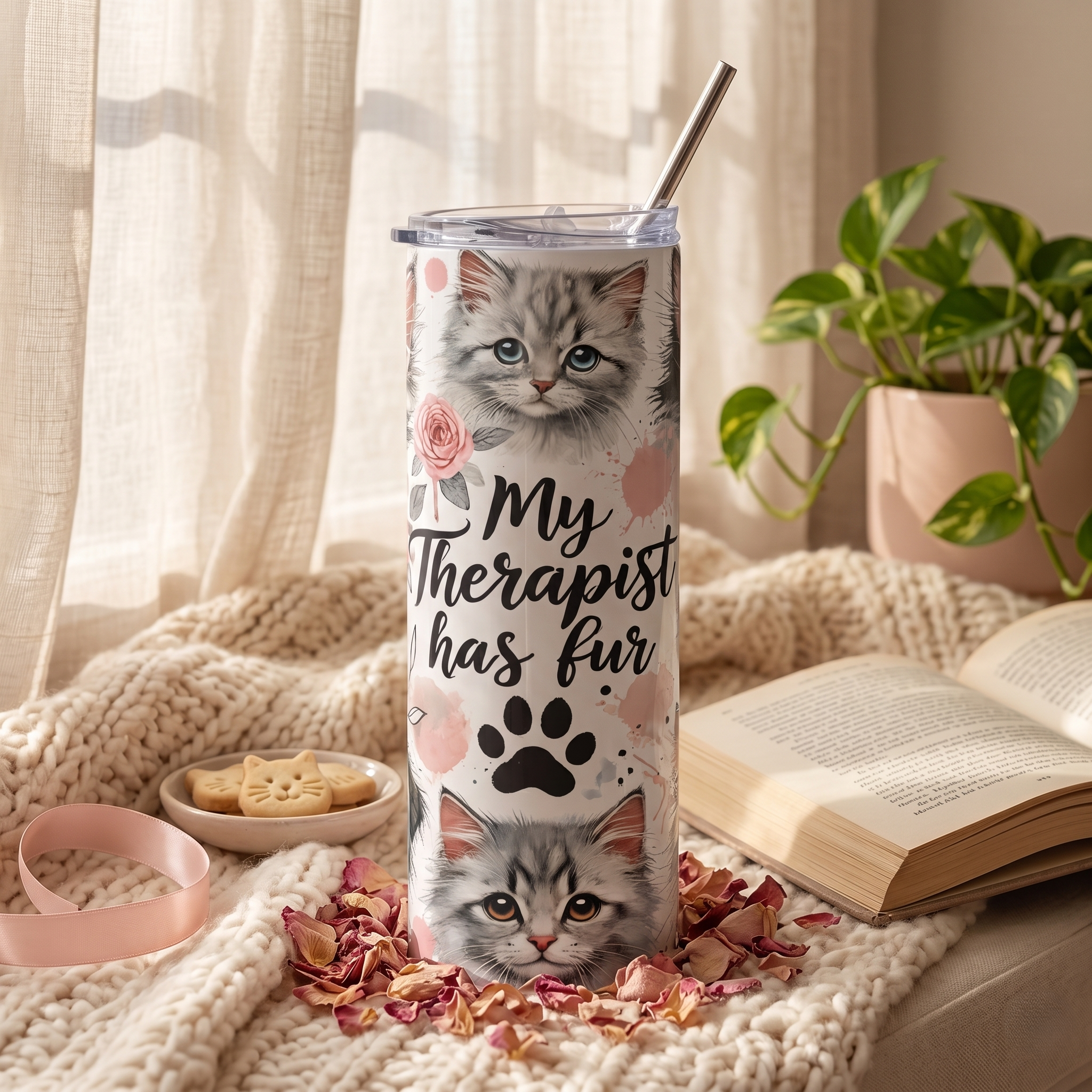 My Therapist Has Fur Funny Cat Lover Quote, Cute Paws Stainless Steel Tumbler