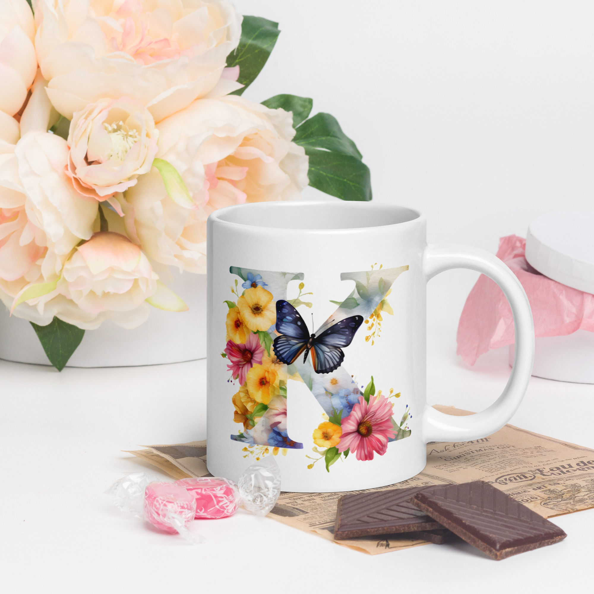 Letter K Monogram Floral Butterfly white glossy mug