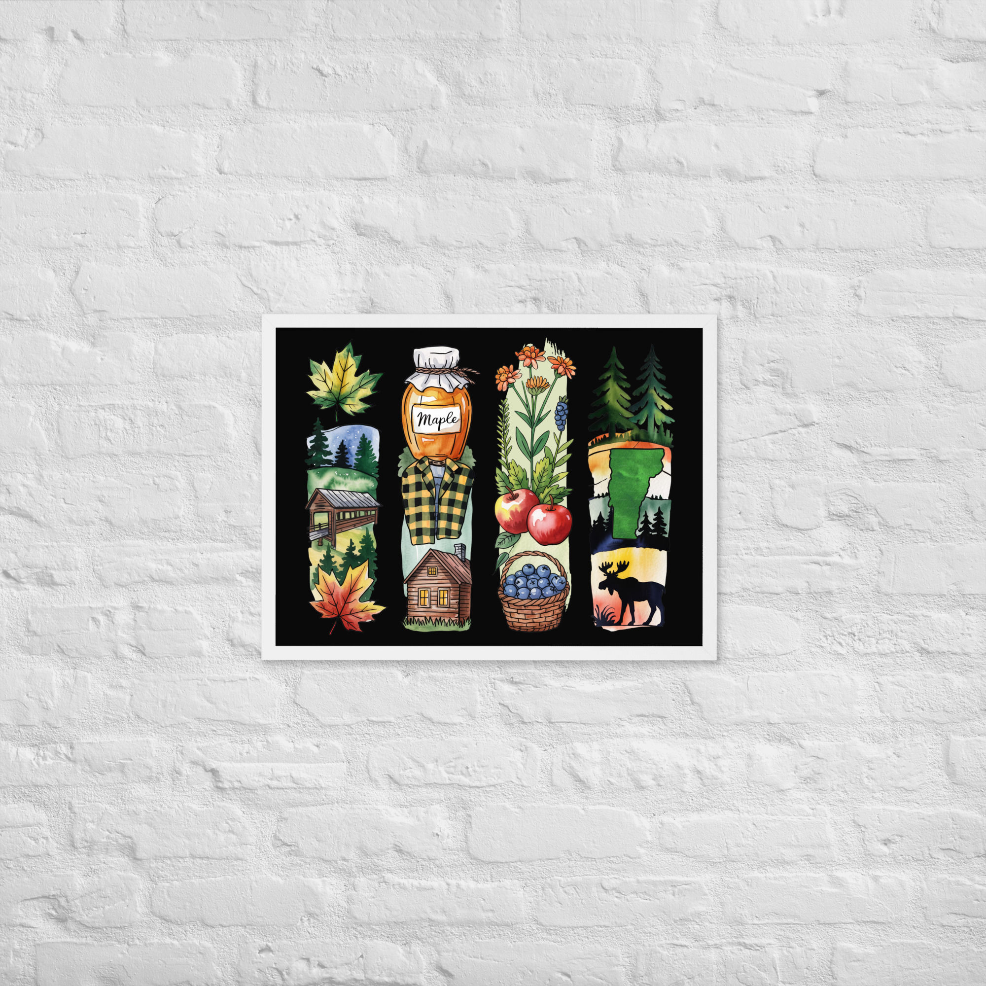 Vermont Vibes - Mountains, Cabins & Maple Brushstrokes Framed Poster