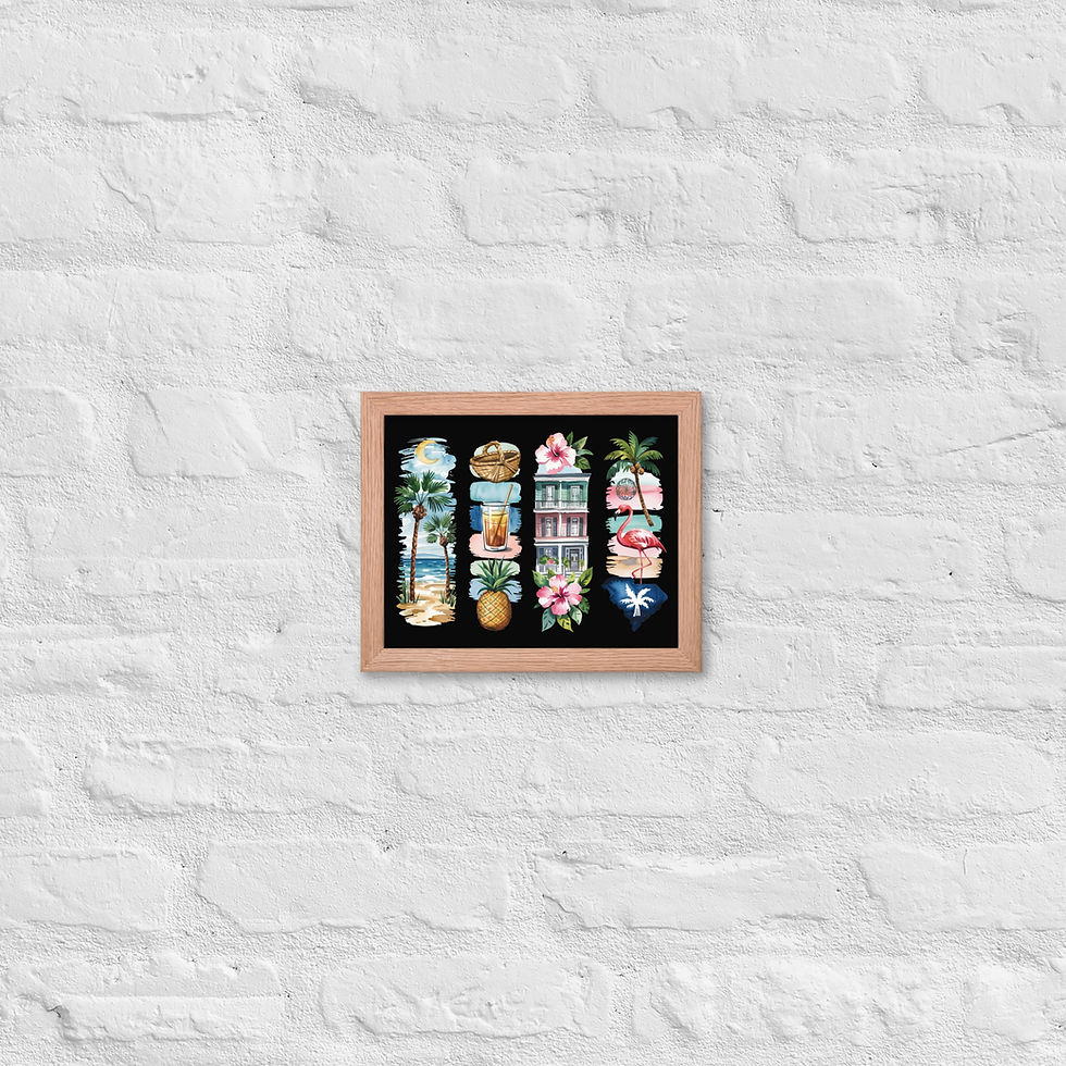 Coastal South Carolina - Homes, Flamingos & Beach Vibes Framed Poster