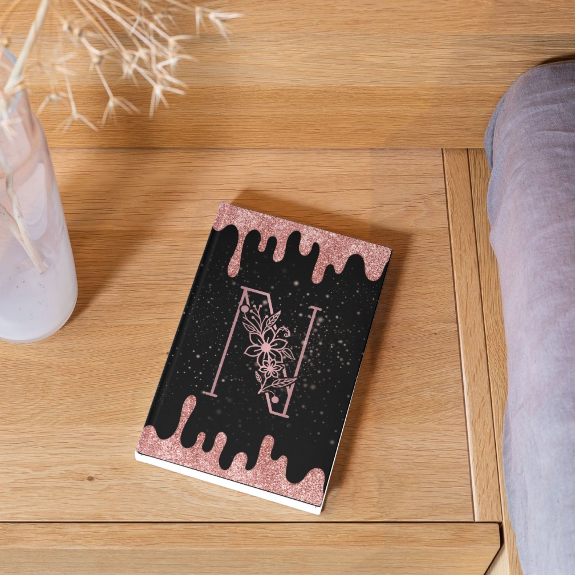 Letter N Rose Gold Floral Monogram Lined Journal