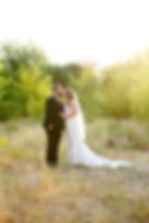 Bride and groom kissing in a sunlit grassy field. She's in a white dress and veil; he's in a black suit. Romantic, serene setting.