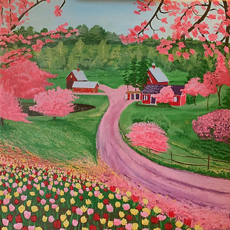 Farmhouse in Pink, Pretty pink farm landscape, Acrylic Painting by Lindsey Marie