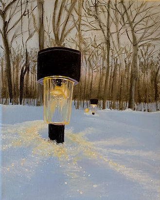 Lanterns in the Snow, snowy landscape with glowing lanterns, Acrylic Painting by Lindsey Marie