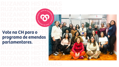 Arte de campanha com o texto ‘Cruzando Histórias’ repetido em padrão vertical e chamada para votar no programa de emendas parlamentares