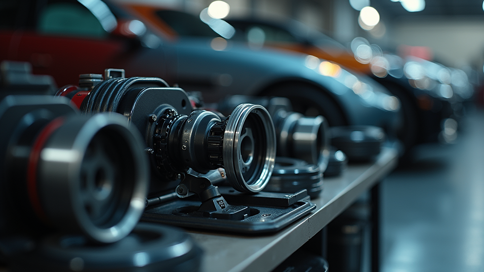 Close-up view of high-quality car parts on display