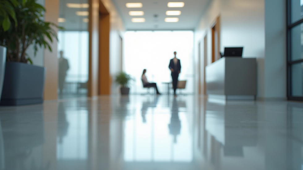 Eye-level view of a clean modern office hallway with polished floors