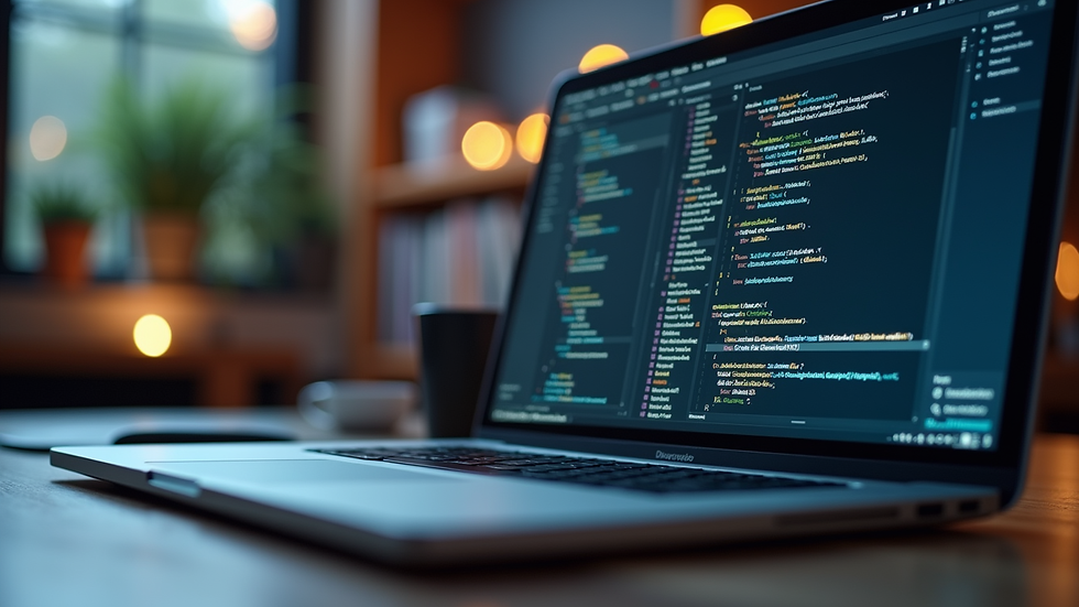 Close-up view of a developer’s desk with laptop and coding software on screen