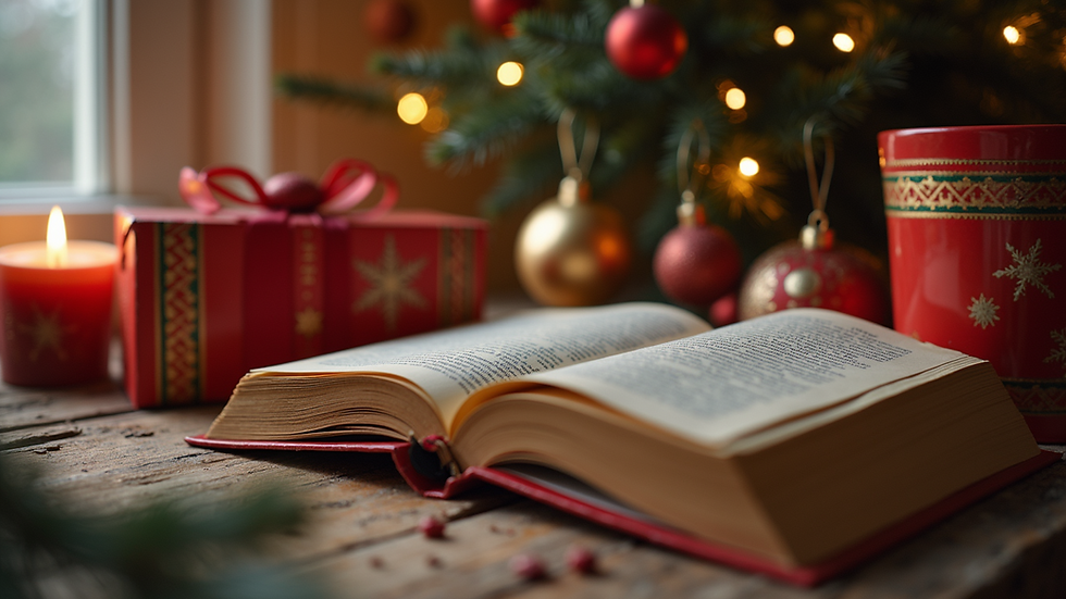 Eye-level view of a festive book advent calendar with literary-themed gifts