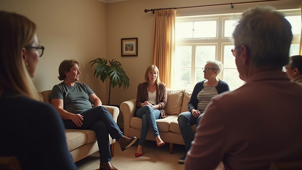 Eye-level view of a community support group meeting in a cozy room