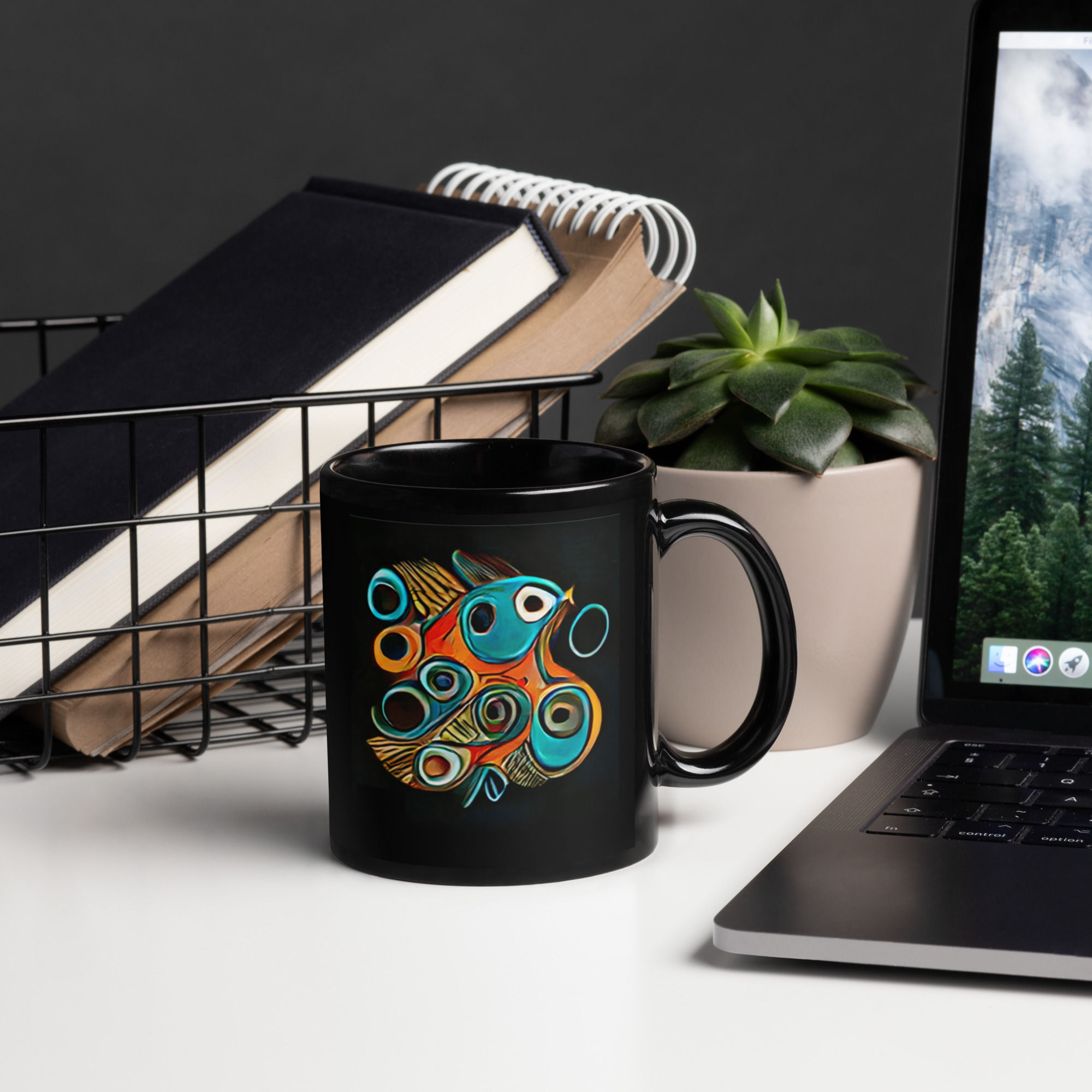 Black Glossy Abstract Fish Mug