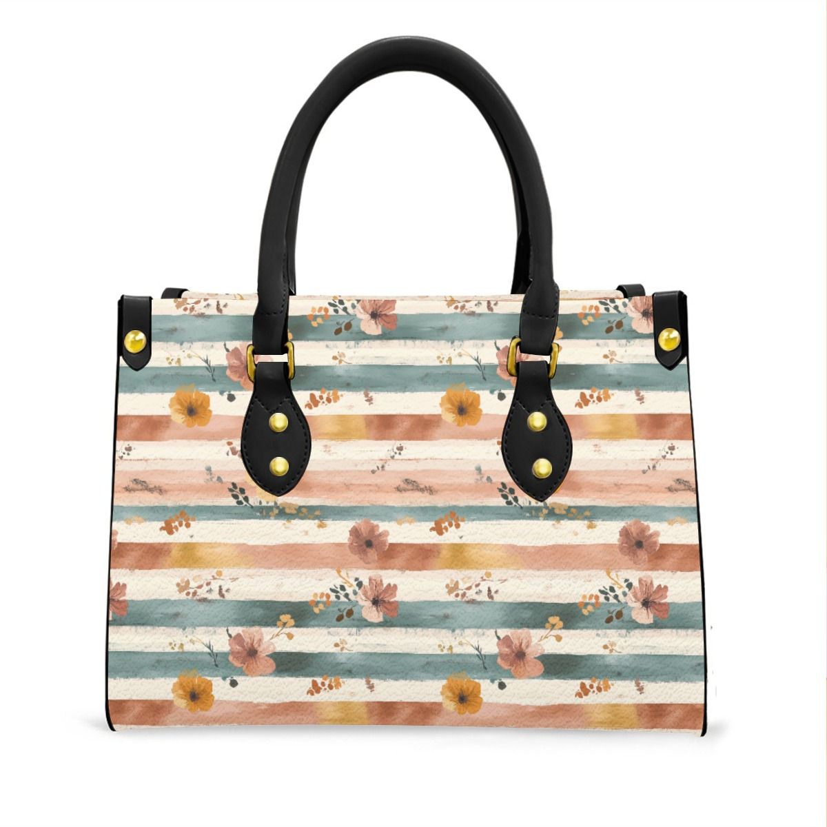 Women's Tote Bag With Black Handle Boho Floral Stripes