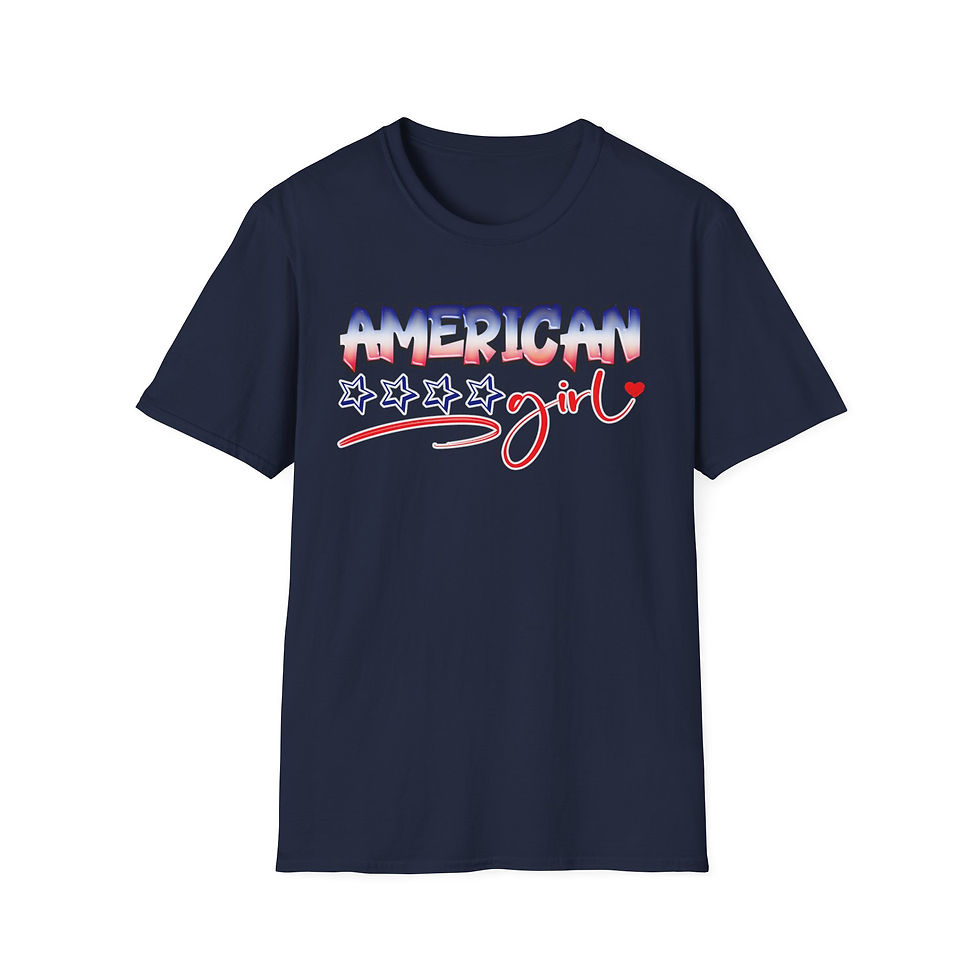 Navy blue t-shirt with patriotic "AMERICAN girl" text design.