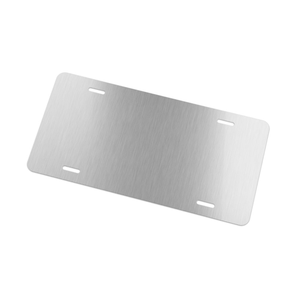 Blank silver license plate with four screw holes, ready for customization.