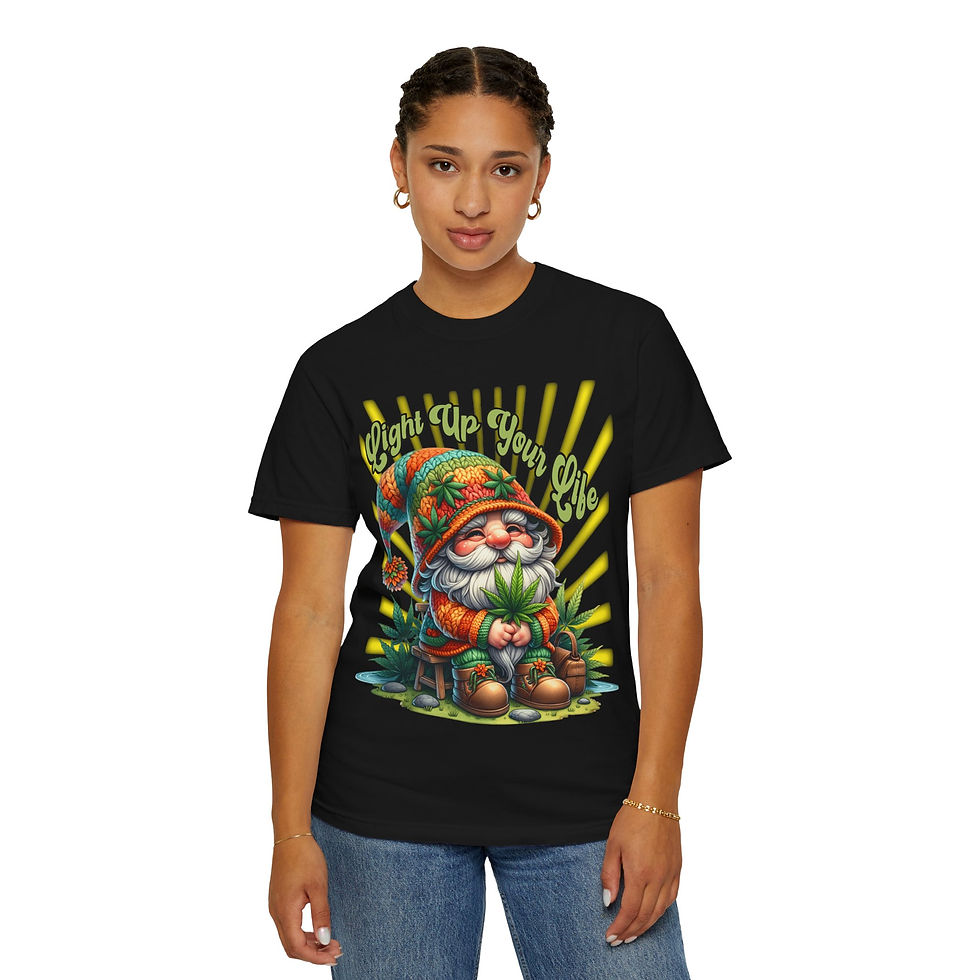 Thumbnail: Woman wearing black t-shirt with gnome graphic and 