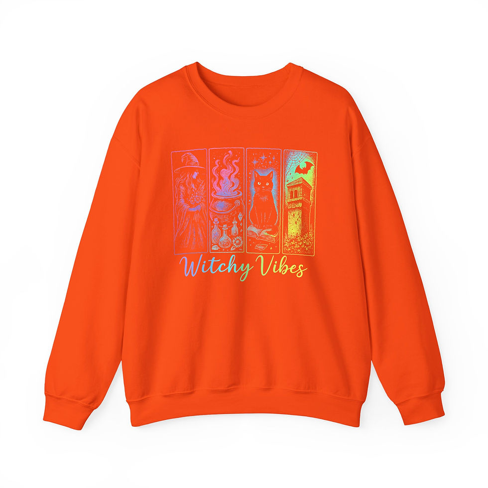 Thumbnail: Orange sweatshirt with Witchy Vibes graphic design on a white background.