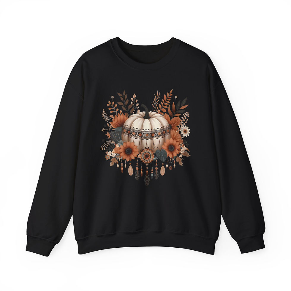 Thumbnail: Black sweatshirt with pumpkin and floral design; Autumn season apparel.