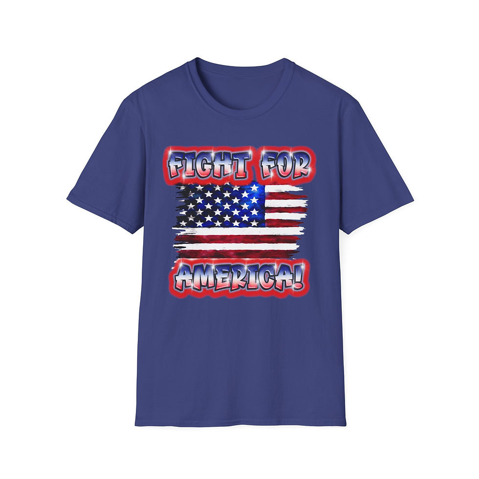 Thumbnail: Blue t-shirt with American flag design and the text "FIGHT FOR AMERICA".