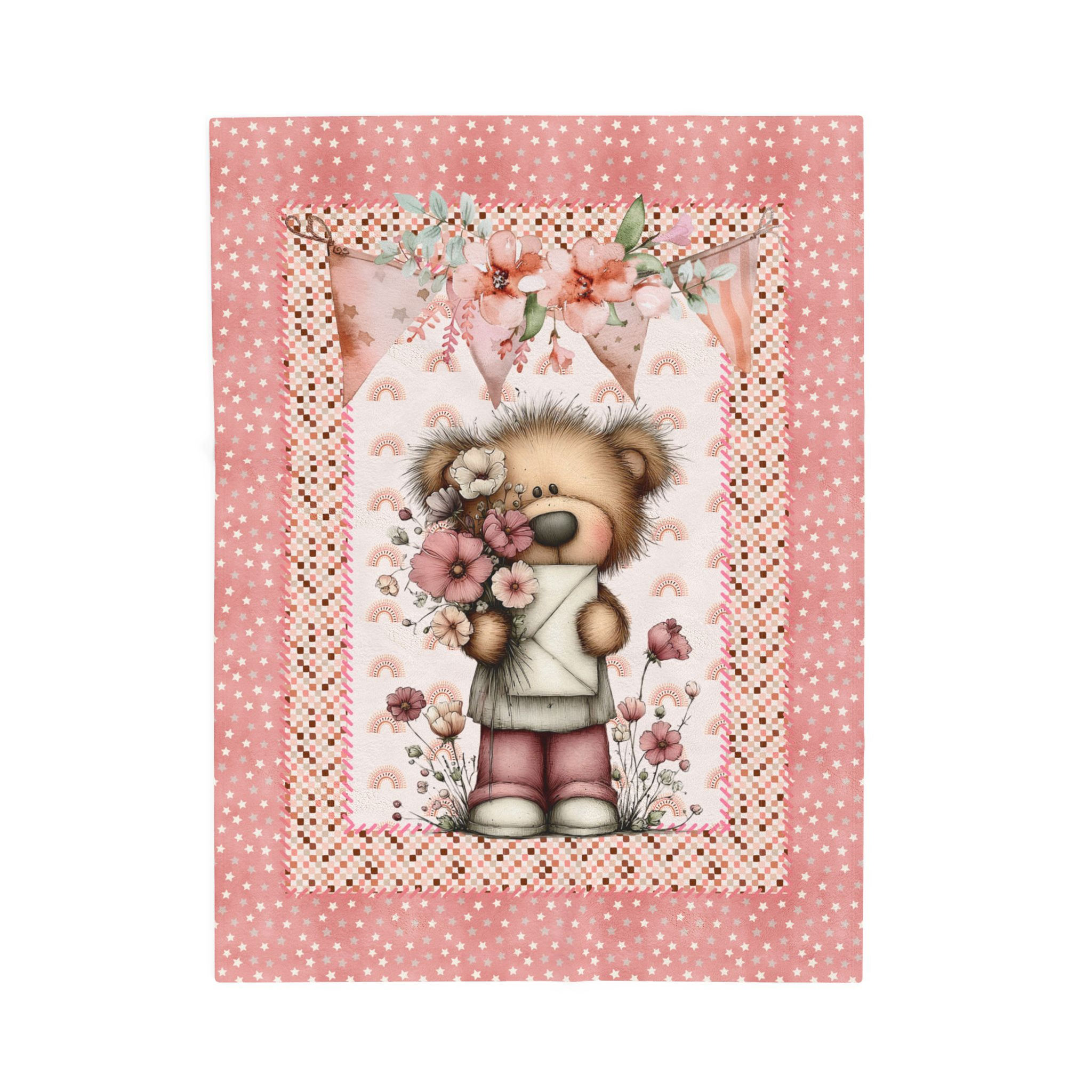 Plush Bear Velveteen Blanket — Pink Floral Teddy with Bouquet