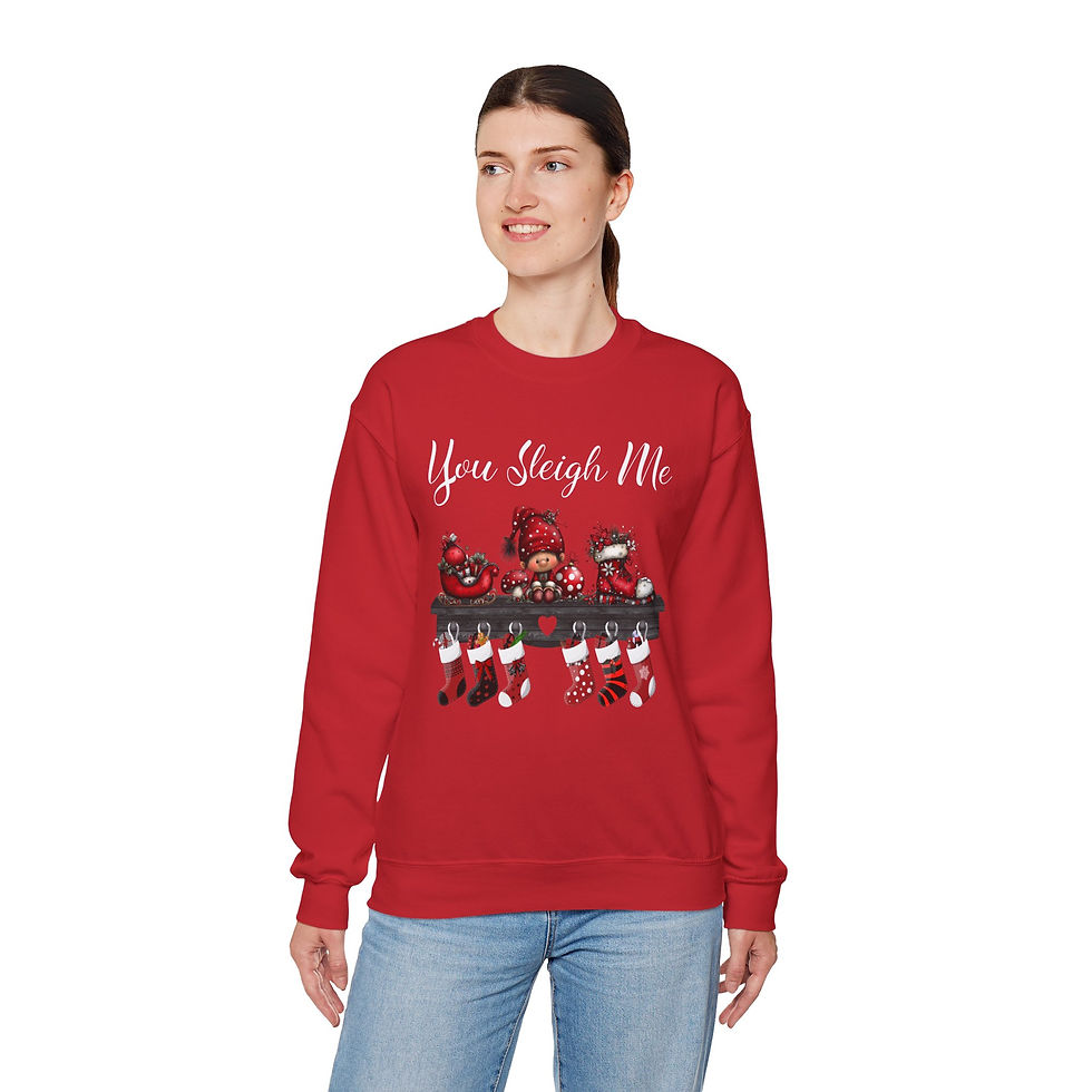 Thumbnail: Woman wearing red sweatshirt with "You Sleigh Me" text and design.