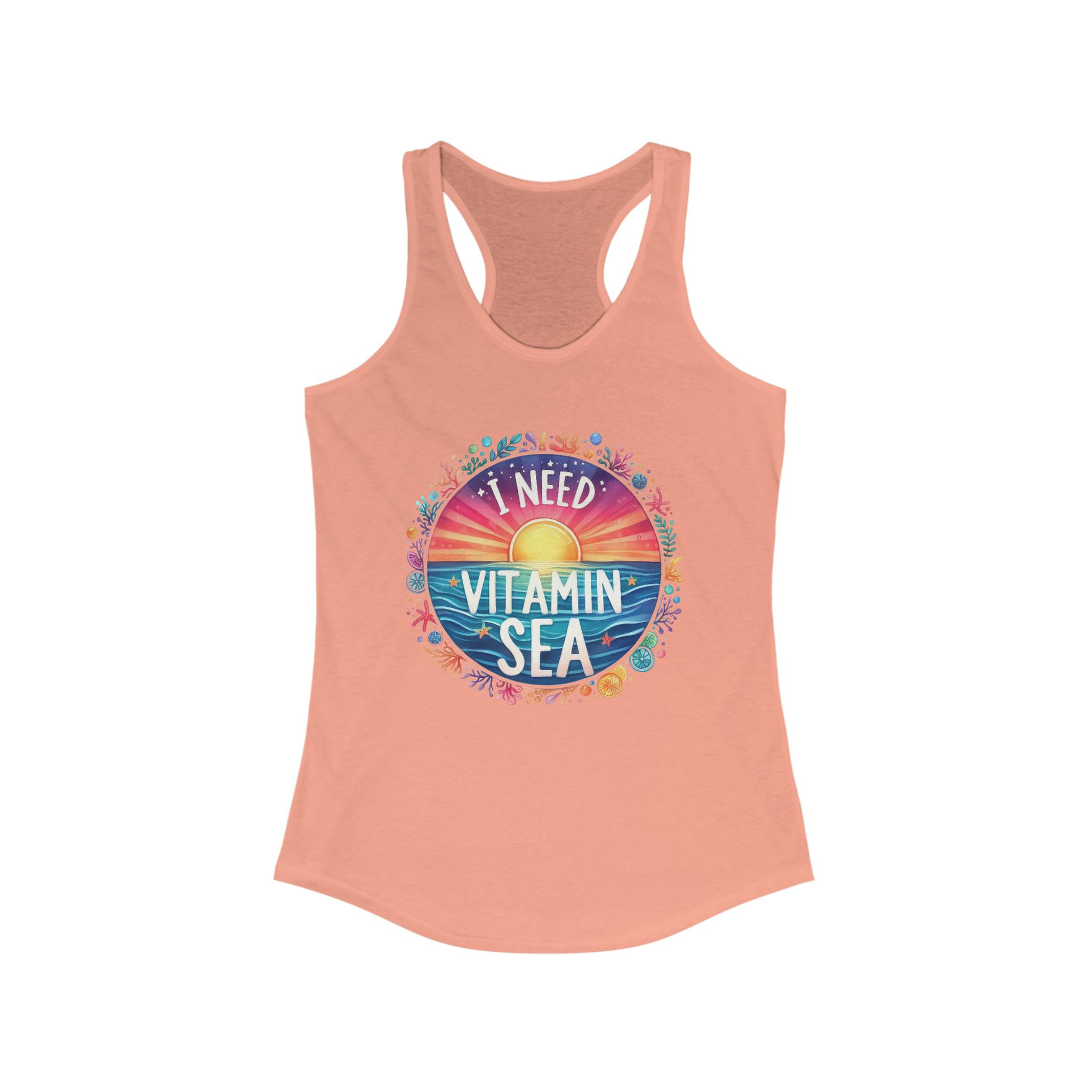 Orange racerback tank top with "I Need Vitamin Sea" graphic, Sunissed and Happy.