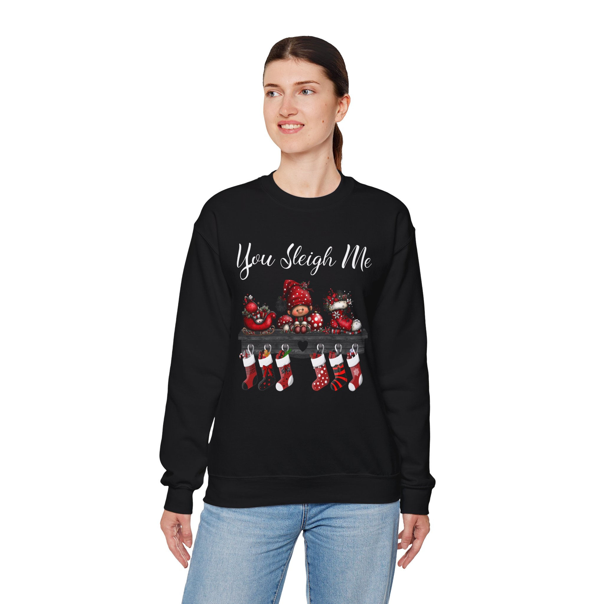 Woman wearing black sweatshirt with the text "You Stingle Me" on it.