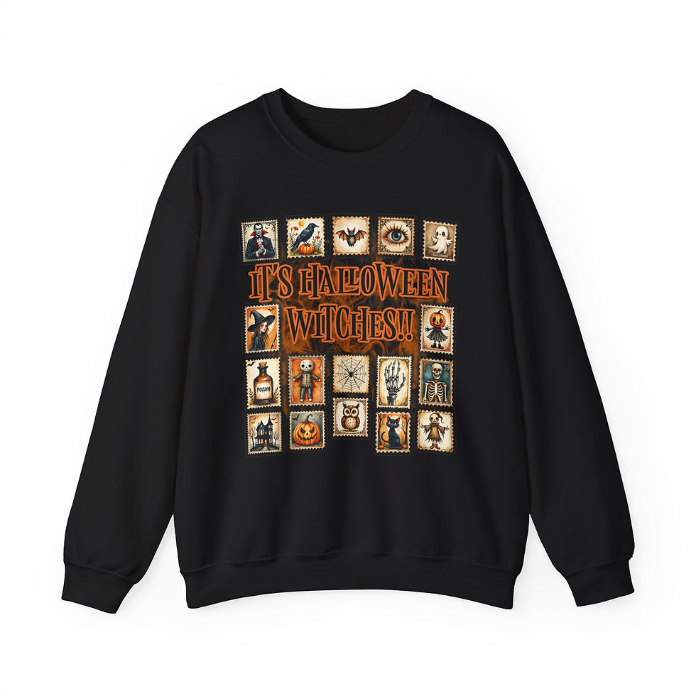Thumbnail: Black sweatshirt featuring Halloween icons and the text: It's Halloween, Witches!