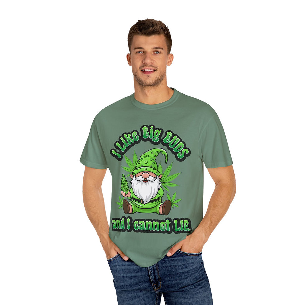 Thumbnail: Man wearing a green shirt with "I like big buds and I cannot lie" on it.