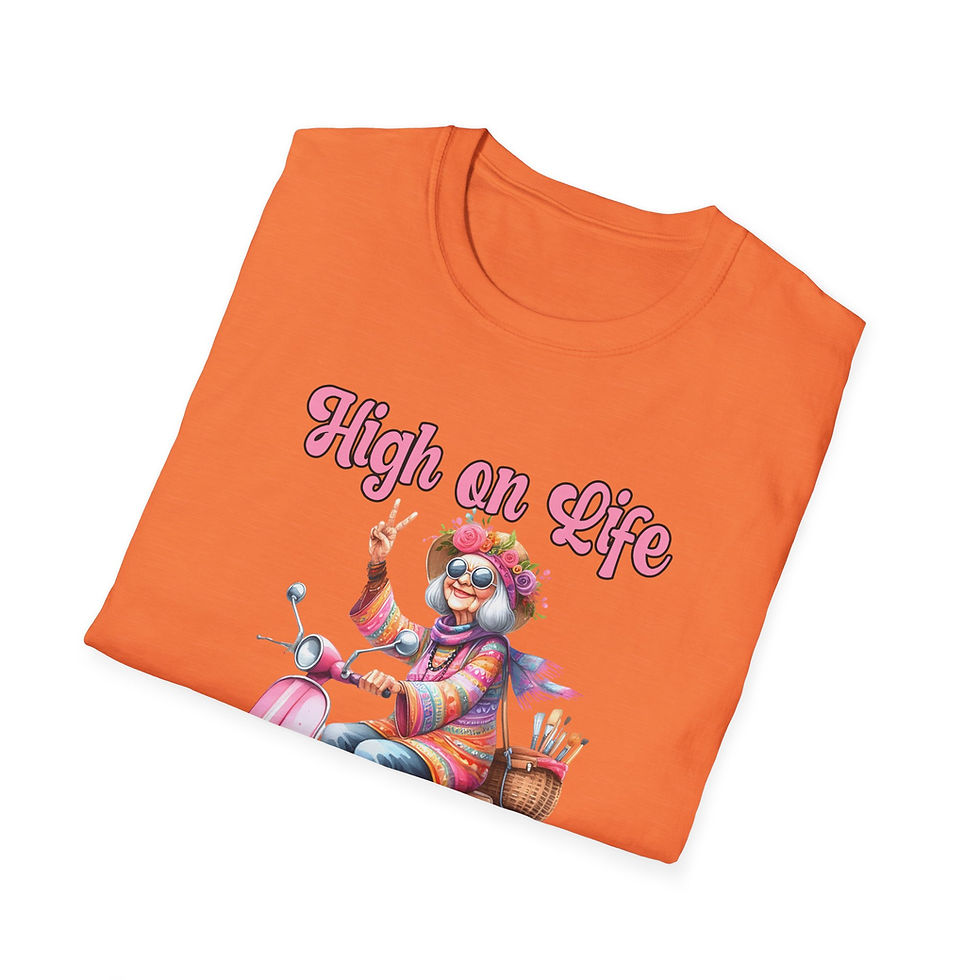 Thumbnail: Orange t-shirt with "High on Life" design and a scooter-riding woman.
