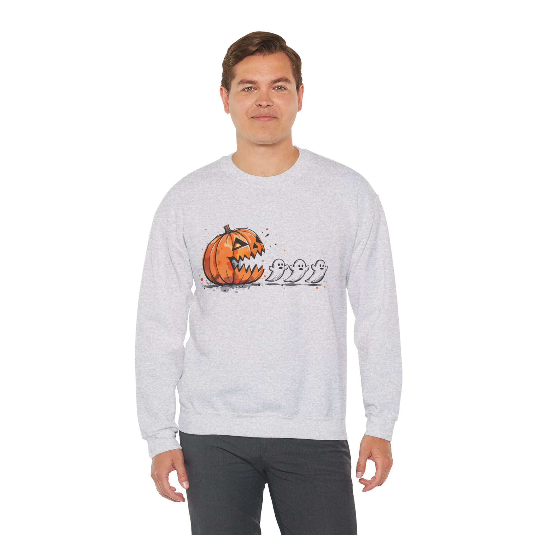 Man wearing Halloween Pumpkin sweatshirt with ghosts graphic design on white background