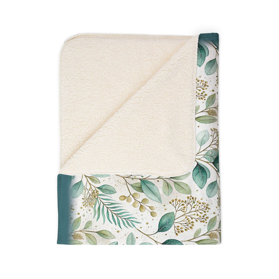Thumbnail: Eucalyptus on Cream - Fleece Sherpa Blanket with green floral design on white background