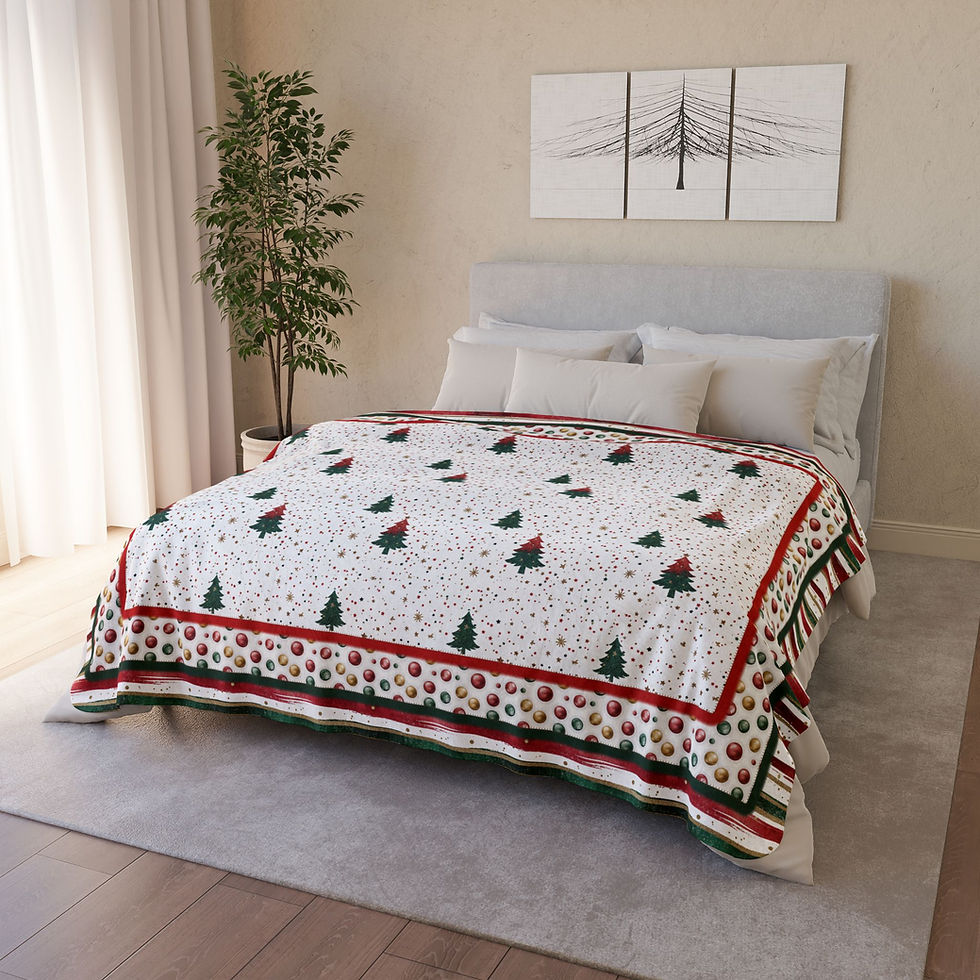 Christmas-themed blanket on a bed featuring trees, with red and green accents.