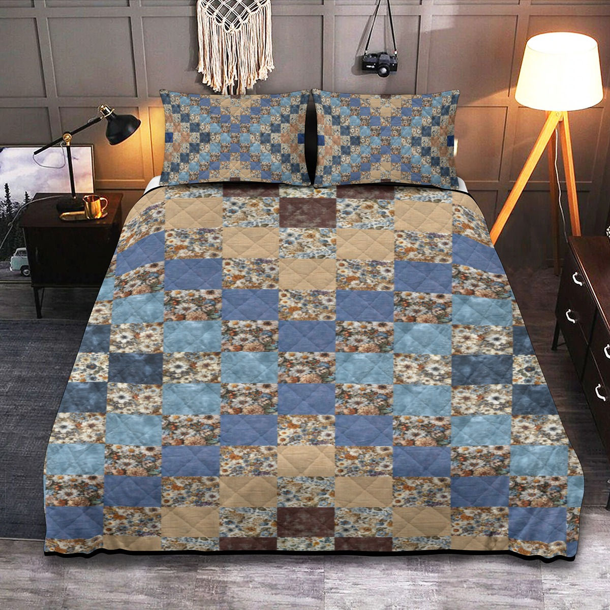 Quilt & Pillow Cases With Edge-wrapping Strips blue beige x quilt look front