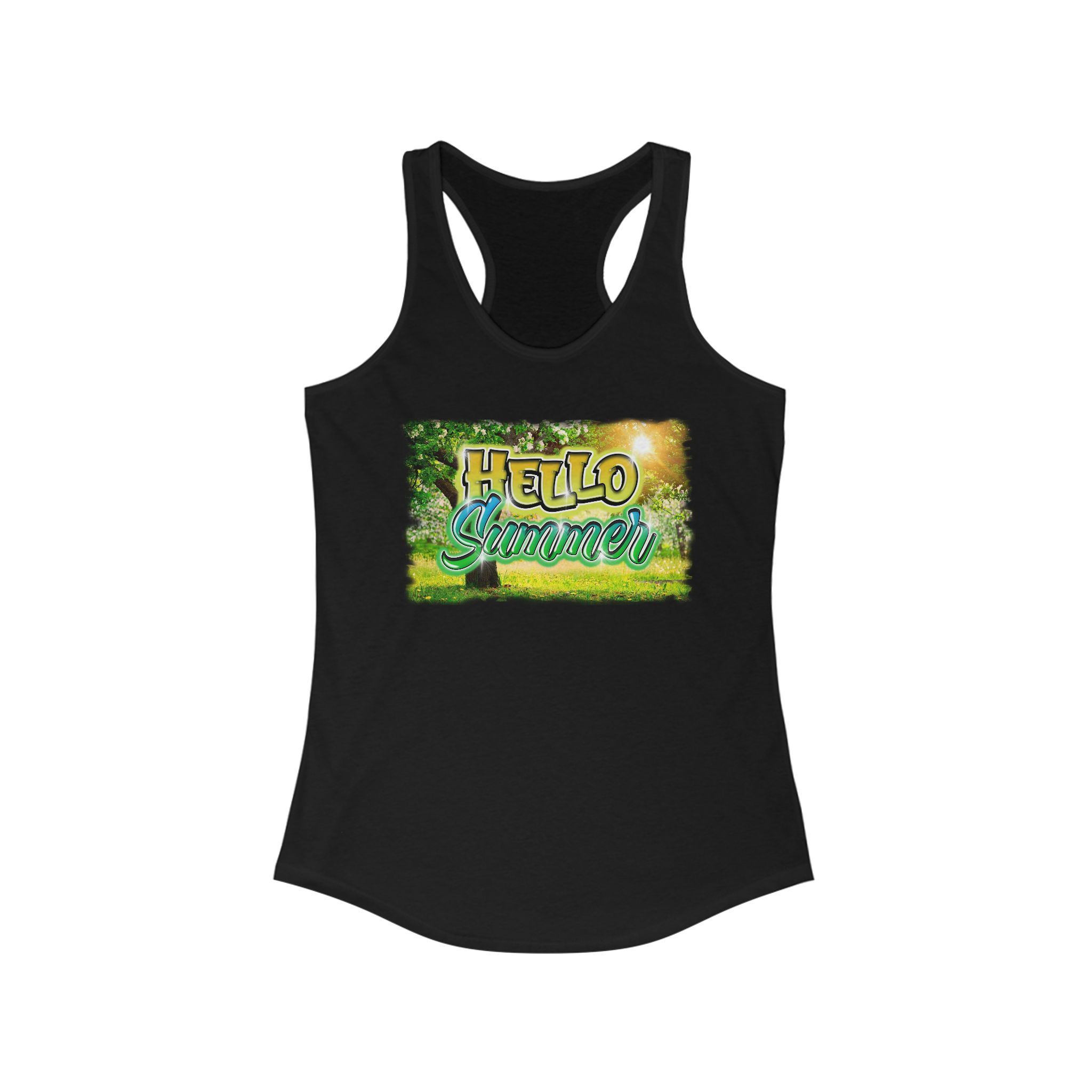 Black tank top with the words "Hello Summer" in graphic design.