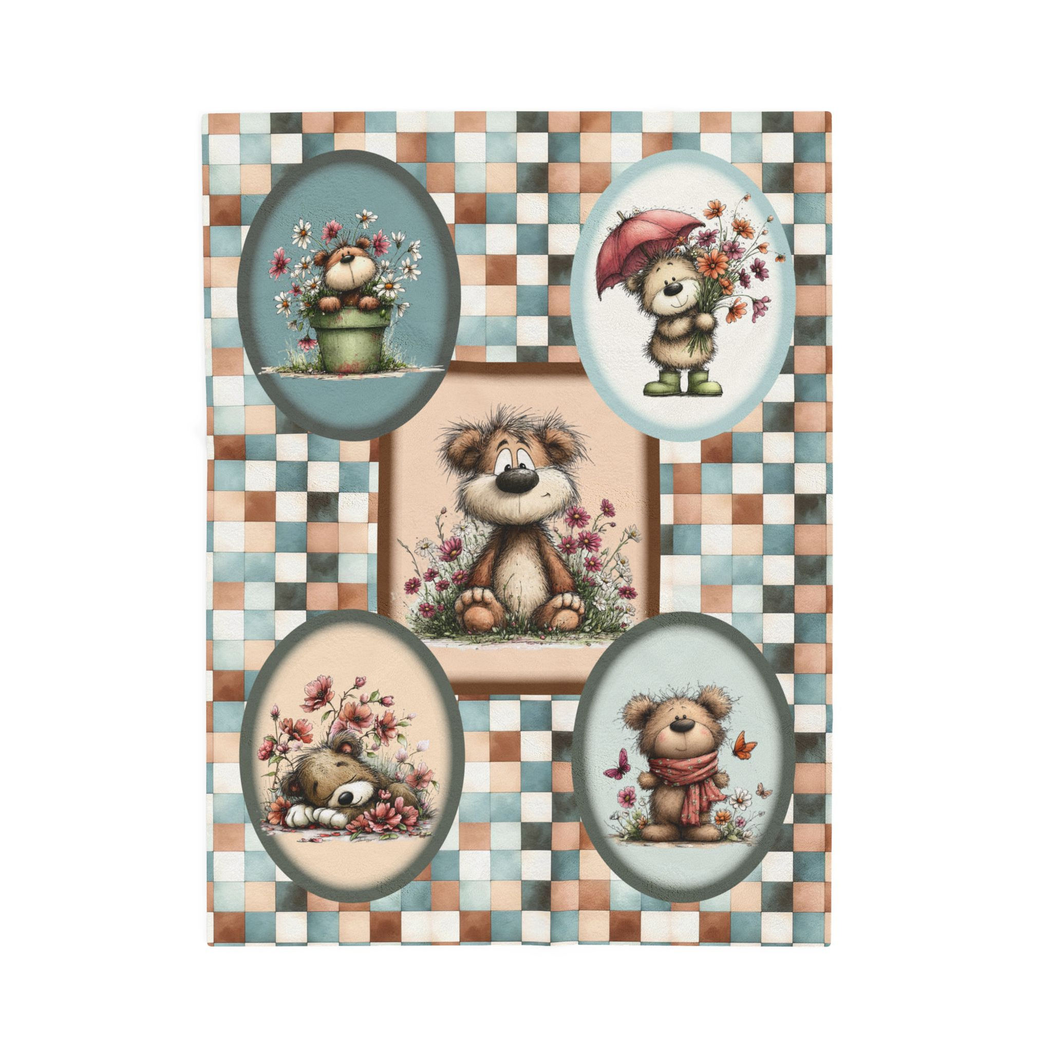 Patchwork Whimsical Teddy Bear Velveteen Throw
