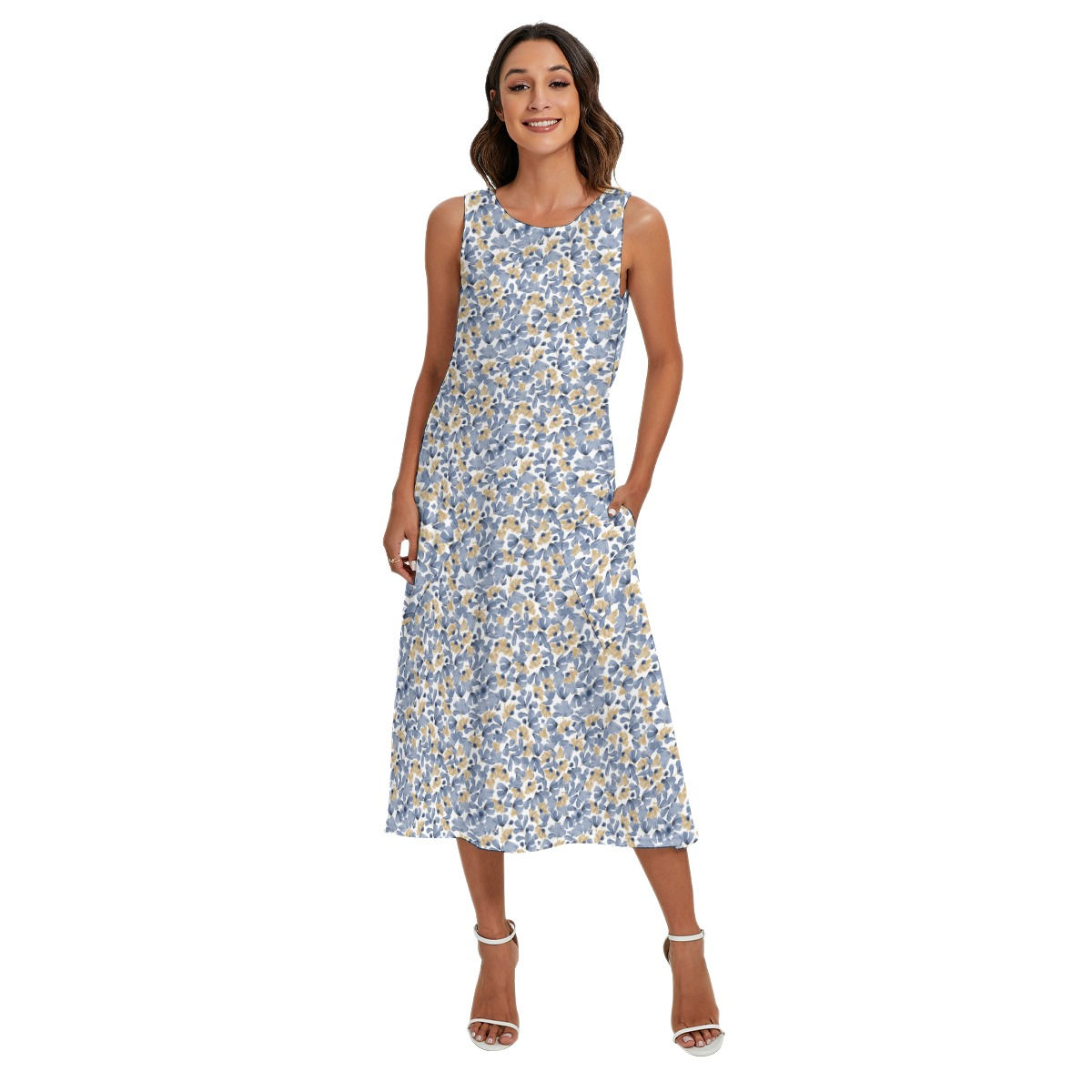 Tank Dress with Blue and Tan Print