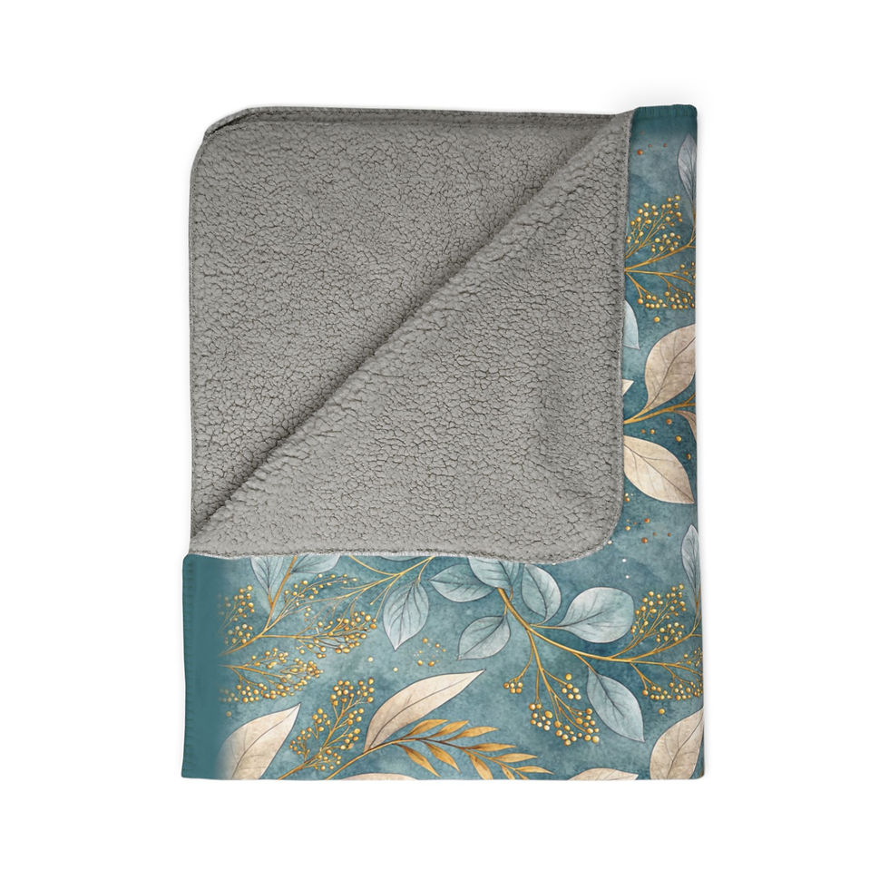 Thumbnail: Cozy fleece blanket with botanical pattern, Boho Rainbows - Fleece Sherpa Blanket, teal background.