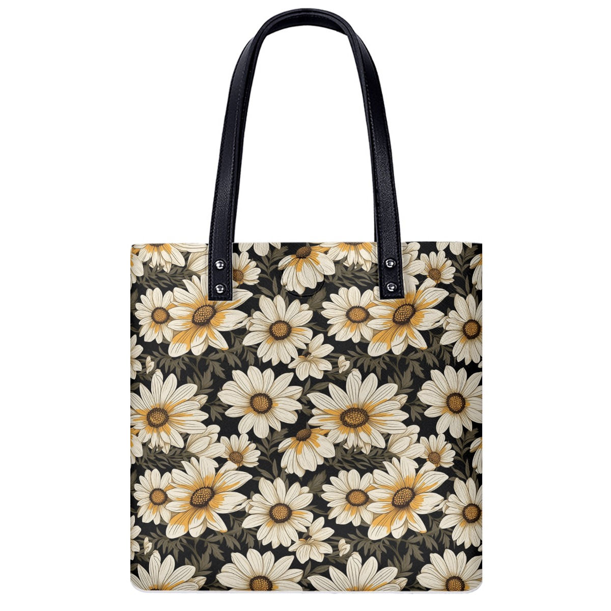 Floral pattern tote bag with daisy print and black leather handles
