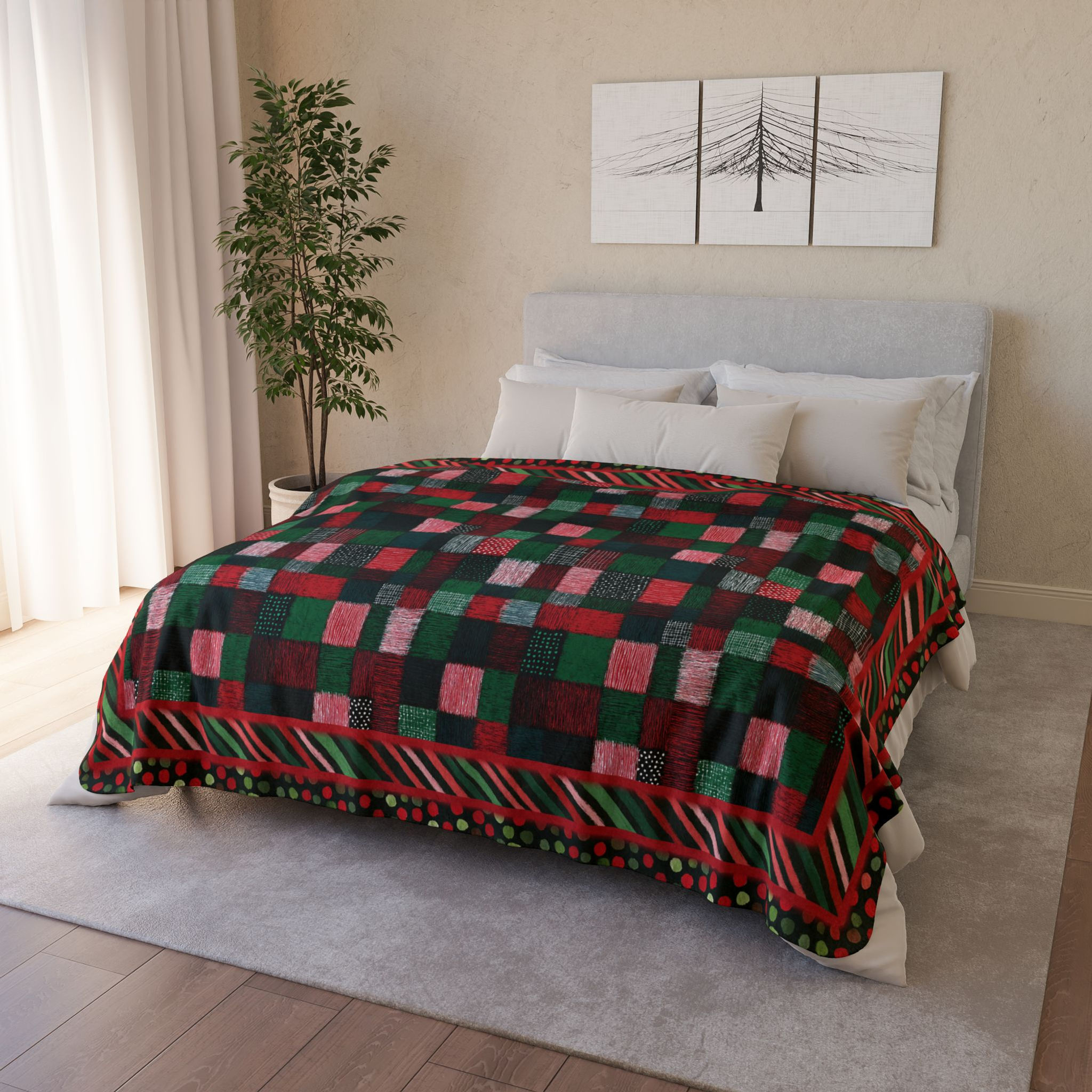 Bed with a colorful blanket and pillows, neutral background decor.