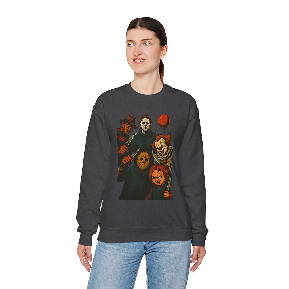 Thumbnail: Woman wearing Bubble Toil and Trouble Crewneck Unisex Sweatshirt, Halloween Party Wear, smiling happily.