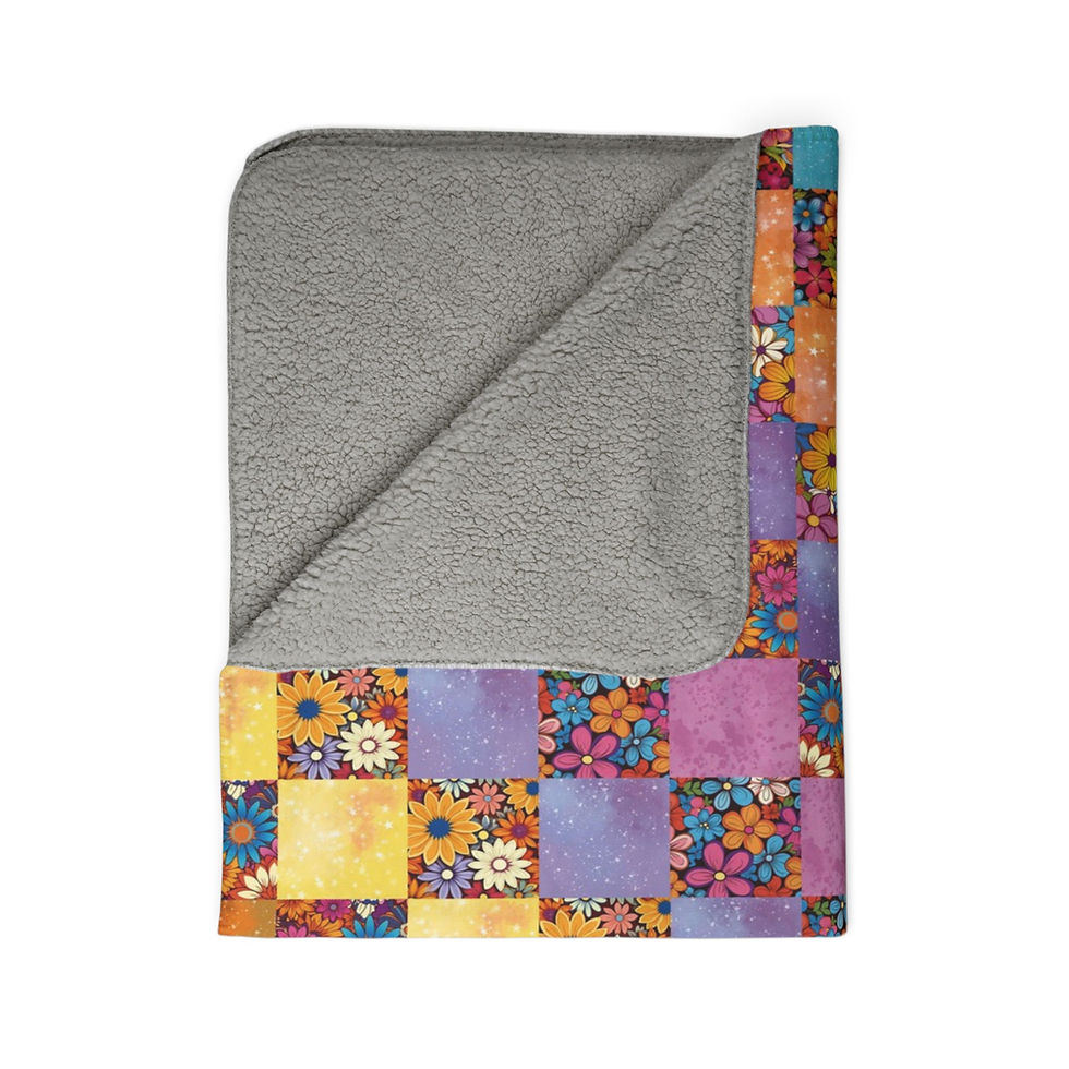 Thumbnail: Floral patchwork Fleece Sherpa Blanket with grey interior; Wine Green Bee Hexagons - Fleece Sherpa Blanket.