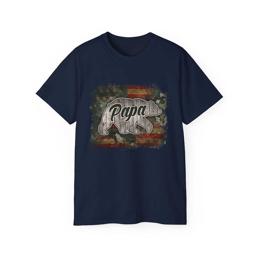 Thumbnail: Navy blue t-shirt with Papa bear graphic, on white background.